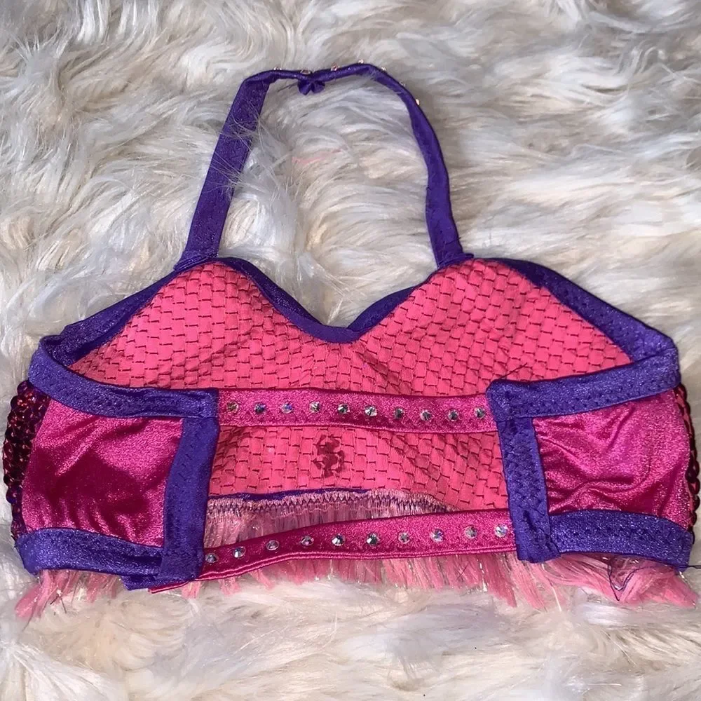 Purple and Pink two piece dance costume with Swarovski Crystals and sequins.